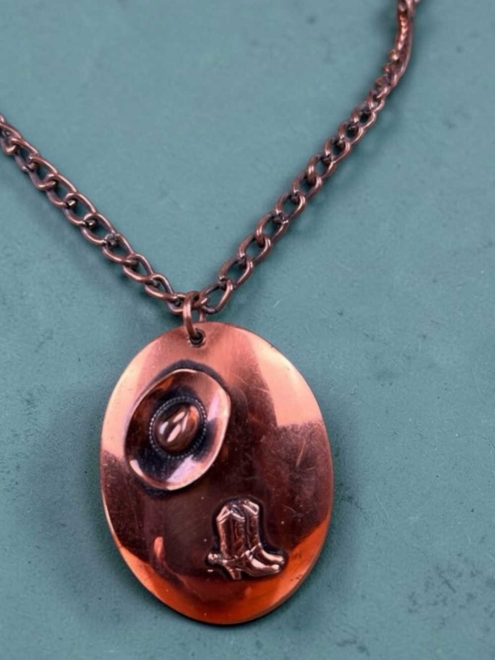 Niche Vintage Copper Cowboy Hat & Boots Pendant Necklace Western Southwestern